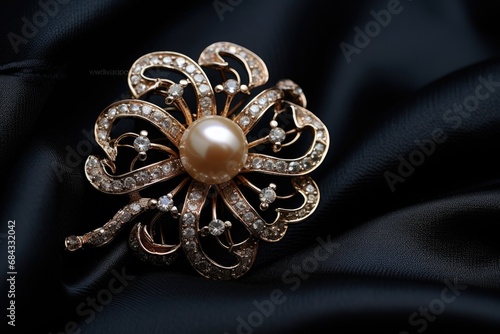 A stunning brooch featuring pearls and diamonds, placed on a black cloth.