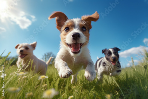 Cute pet dogs run around happily on the green grass on a sunny afternoon. A healthy, happy and lively dog.