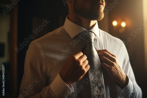 A man is seen adjusting his tie in a dimly lit room. This image can be used to depict getting ready for an important event or preparing for a formal occasion.