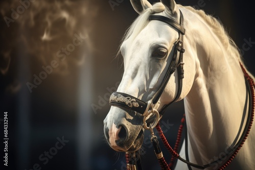 A picture of a white horse wearing a bridle. This image can be used for various purposes such as equestrian-related designs, farm-themed projects, or animal-themed advertisements.