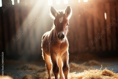 A small brown horse standing in a barn. Suitable for equestrian or farm-related projects.