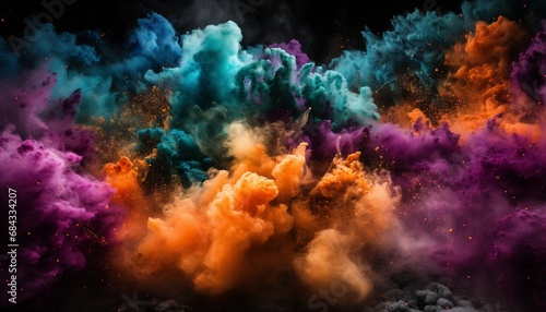 Vibrant Multicolored Powder Explosions Creating Mesmerizing Patterns on Captivating Black Background