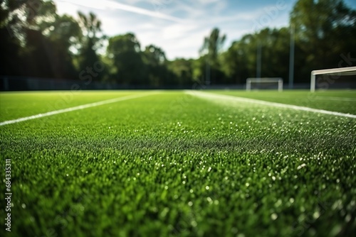 Football soccer field with artificial turf, goal net shadow, green synthetic grass