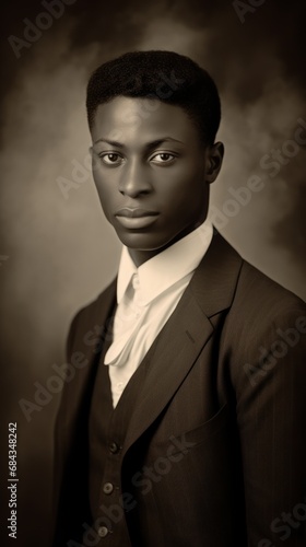 vertical portrait of a black man in a business suit and hat, vintage retro photo, early 20th century, black and white. ending: cinema, cinemagraphic, antique, vintage, portrait