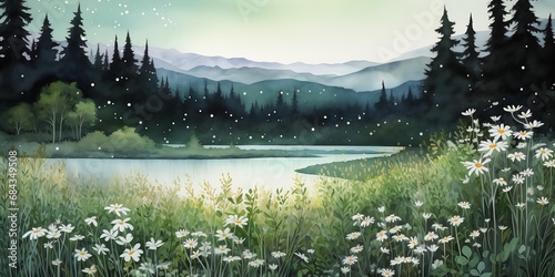 mountain lake daisies trees foreground visual novel snowflakes streaming open window background studio illustration longest night frozen pale greens whites peaceful swamps