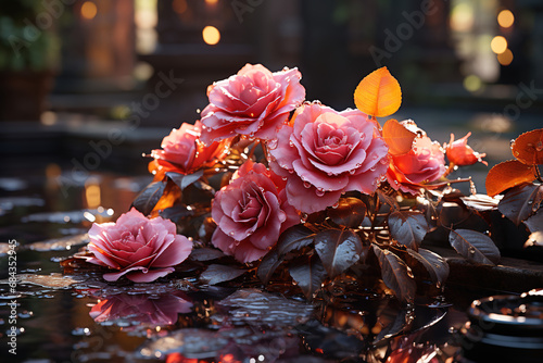 illustration fantasy background wallpaper of beautiful rose flower at ancient palace garden yard