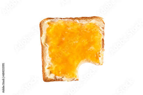 Take a bite toasted bread with orange jam, isolated on a white. Top view . Bitten toast with orange jam on white background.