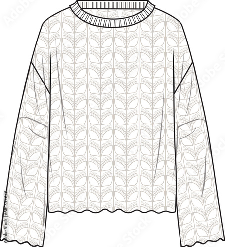 Women's Crochet Jumper. Technical fashion illustration. Front, white colour. Women's CAD mock-up.