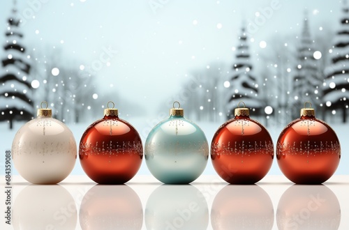 Christmas ornament bauble with nature snow forest background, Christmas and new year background wallpaper, Generative Ai