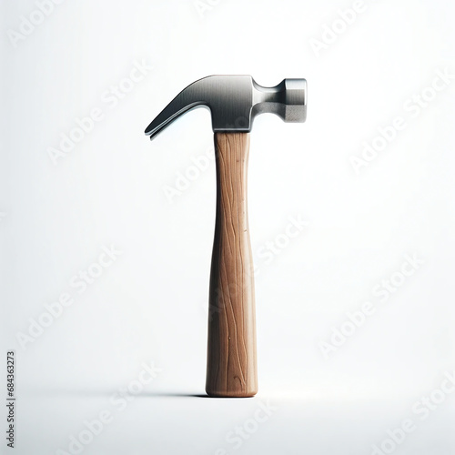 A neatly presented hammer with a wooden handle and metal head, isolated on a stark white background, emphasizing its simplicity and clarity