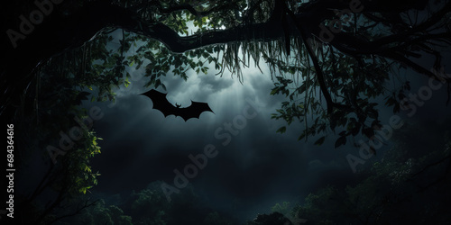 A lone bat hangs upside down from a branch in the dim light of a crescent moon