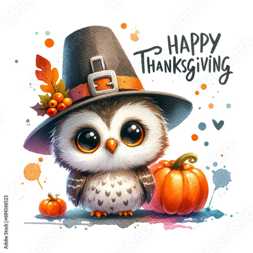 Owl with pilgrim hat beside a pumpkin, celebrating Happy Thanksgiving