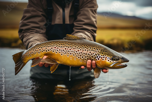 Fly-fisherman holding brown trout out of the water. Fisherman and trout. a man fishing and holding a trout