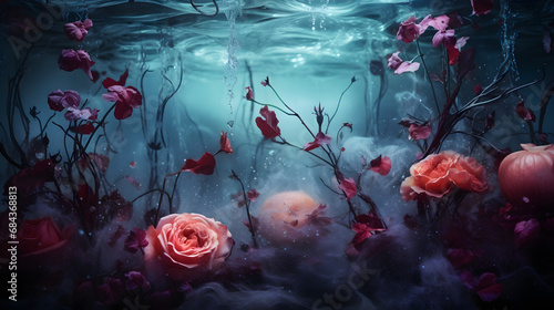 Underwater creative love concept of fresh Spring flowers in blue water background. Love is in the water. Pink roses.