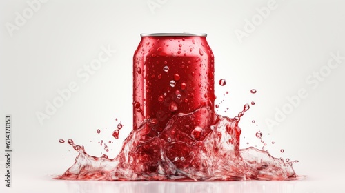Red soda can with splash on white background, AI