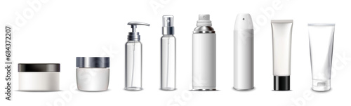 White clean bottle for cosmetic ad. Realistic cosmetic aerosol, deodorant or sprayer clear bottle package mockups.