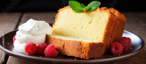Freshly baked traditional pound cake, either vanilla or sour cream, ready to be eaten.