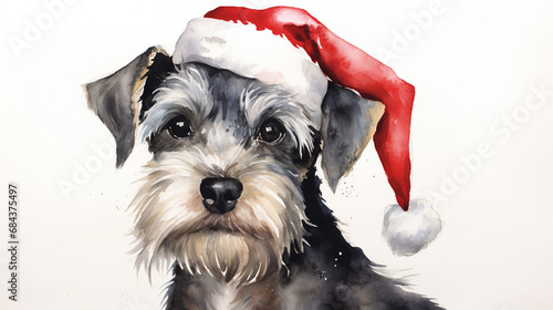 Watercolor painting of happy miniature schnauzer dog wearing Santa hat for christmas festival.