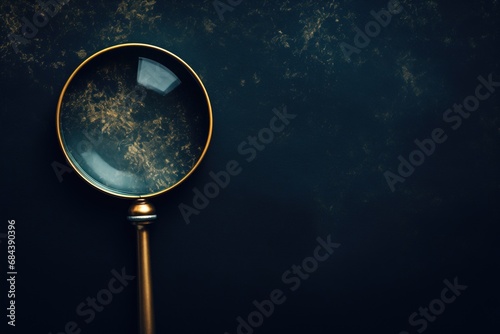 Magnifying glass on dark textured background. Detective's tools. Magnify. Zoom. Elegant. Glass
