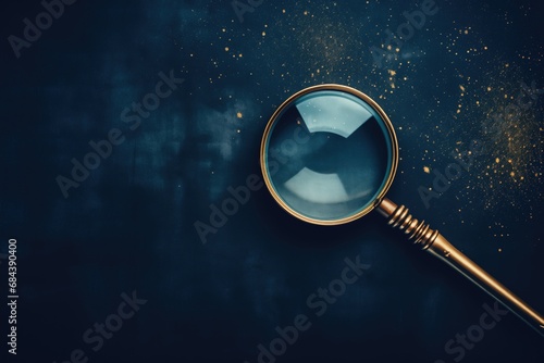 Magnifying glass on dark textured background. Detective's tools. Magnify. Zoom. Elegant. Glass