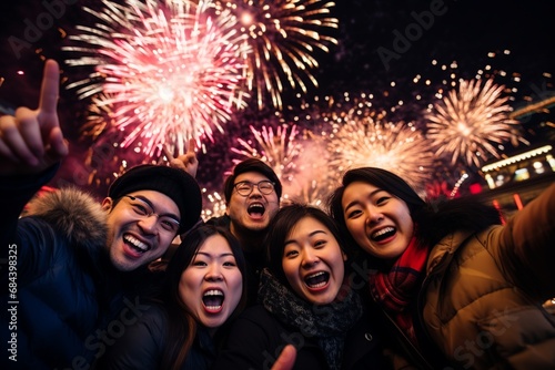 group of Asian friends taking a selfie on new year’s eve celebration, with fireworks at the background, young adults smiling cheerfully having a good time nightlife