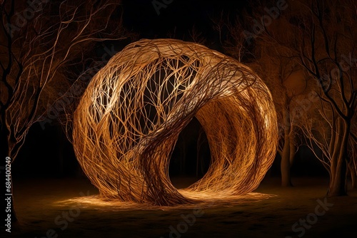 this sculpture made entirely from tangled woven branches lit up with warm light from inside at night