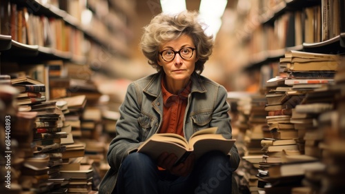 woman writer surrounded by many books, enjoying her success and how she has grown in the industry