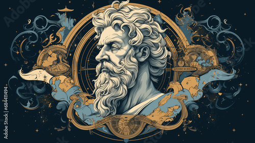 Illustration of a philosopher with beards, symbols, and ornaments to represent wisdom, thought, reasoning, and knowledge