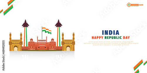 Happy republic day white background with red fort sketch banner design vector file