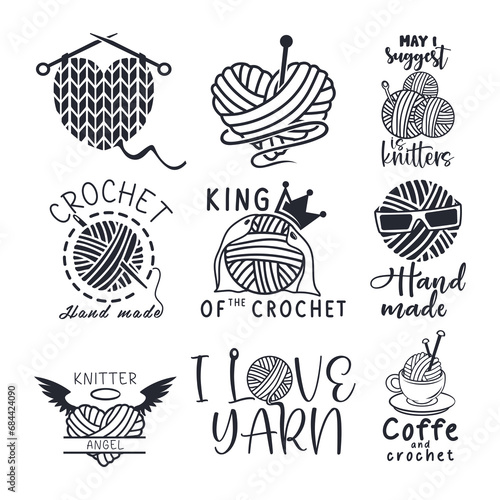 Set of crochet knitting vector illustration. Crochet quote logo clipart.