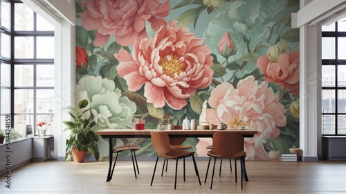 A room featuring a 3D wallpaper design showcasing an array of colorful peonies against a subtle, muted background.