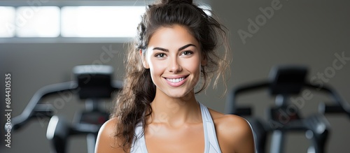 In the isolated white background of the gym, a young woman, radiating beauty and a bright smile, embarks on her fitness journey, engaging in various exercises and training routines with a focus on a