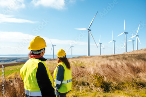Two female engineers in hard hats and reflective vests observing wind turbines at sunset, representing renewable energy and teamwork