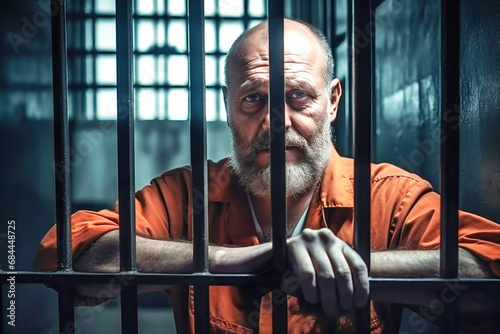 A middle-aged prisoner in an orange uniform sits in a prison cell. The criminal serves his sentence in a prison cell. A prisoner behind bars in a prison or detention center.