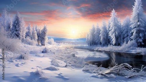A winter scene with snow-covered trees under a blue twilight sky, evoking a sense of quiet and cold beauty.