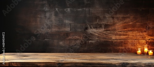 In the dimly lit room, an abstract vintage wooden table stood against the grunge wall, its wood texture reflecting years of weathered marks, as the old hardwood floor creaked beneath. The natural