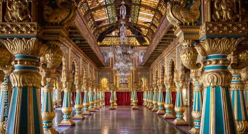 Beautiful decorated interior ceiling and pillars of the Durbar or audience hall inside the royal Mysore Palace