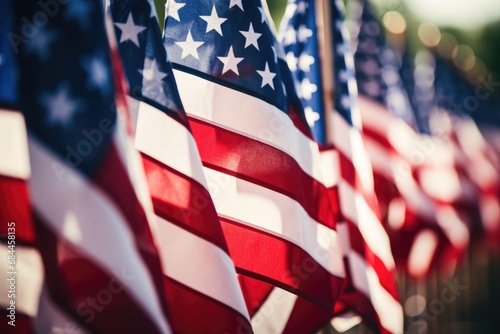 Closeup of American flags with shallow depth of field, selective focus, Closeup of an American flag in a row, Memorial day, Independence day, AI Generated