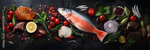 fresh fish and seafood arrangement on black stone background.