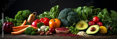 Healthy food clean eating selection: fruit, vegetable, seeds, superfood, cereal, leaf vegetable on gray concrete background.