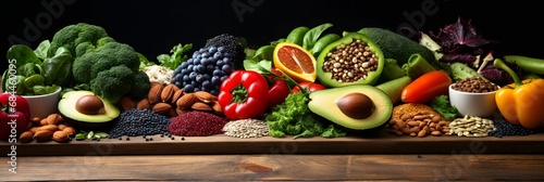 Healthy food clean eating selection: fruit, vegetable, seeds, superfood, cereal, leaf vegetable on gray concrete background.