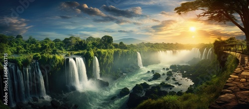 In the heart of Africa, a traveler embarked on a journey to a beautiful tropical park, where the lush green landscape was adorned with the splendor of waterfalls, creating a natural and magical