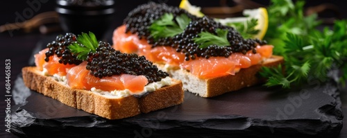 Caviar sandwiches on wooden table and dark backround. Generative ai