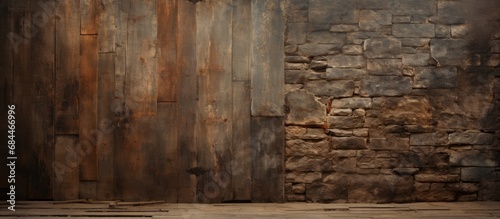 In the charming medieval village, the old stone walls exhibited an abstract design, blending vintage wood and grunge textures with a touch of iron and rust for a unique and mesmerizing construction.
