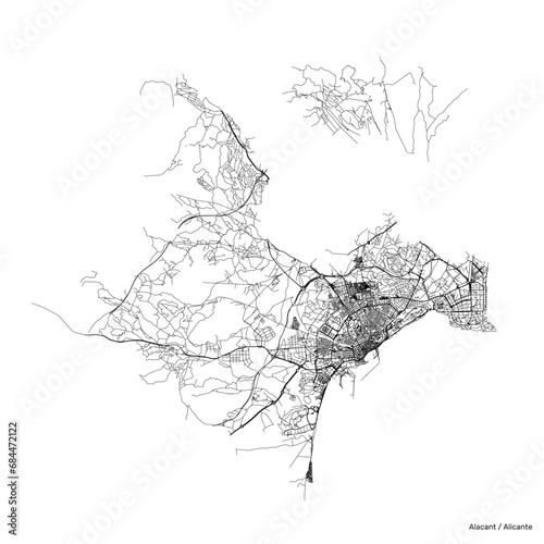 Alicante city map with roads and streets, Spain. Vector outline illustration.