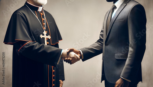 Church and State concept.A politician and priest shake hands.
