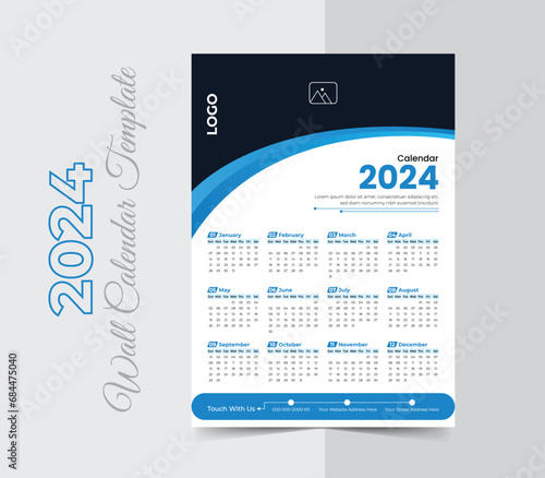 Single page wall calendar 2024 design template, modern and clean style vector one page calendar design 2024, a4 vector template