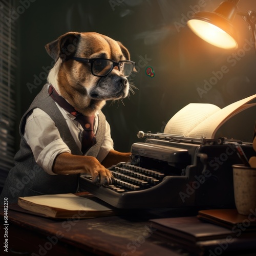 portrait of smart dog wearing suitcase and glasses typing on a typewriter