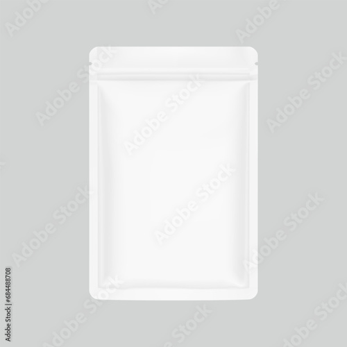 Resealable mylar bag mockup with zip lock and tear notch. Realistic vector illustration isolated on grey background. Flat lay view. Packaging for cosmetic, food, pet. Ready for your design. EPS10.