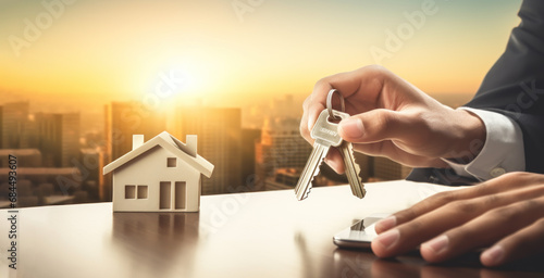 man hand house key with house miniature, real estate management